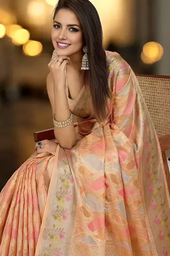 peach ethnic motifs woven design zari organza banarasi saree