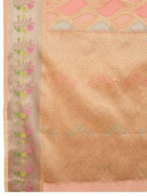peach ethnic motifs woven design zari organza banarasi saree 5