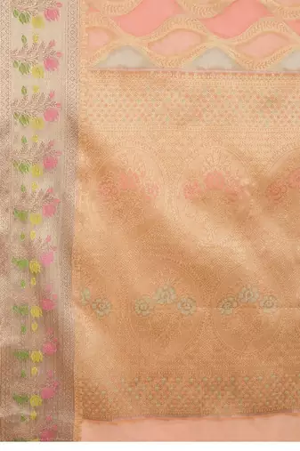 peach ethnic motifs woven design zari organza banarasi saree