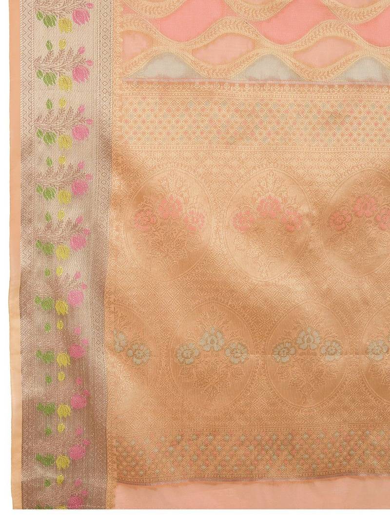 peach ethnic motifs woven design zari organza banarasi saree
