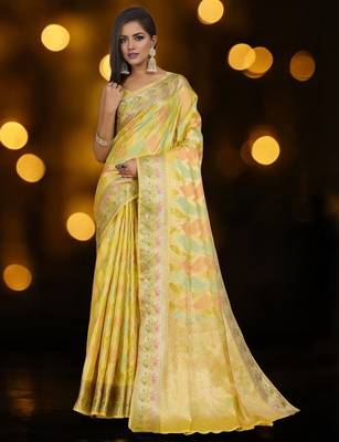 yellow woven design zari organza banarasi saree 1