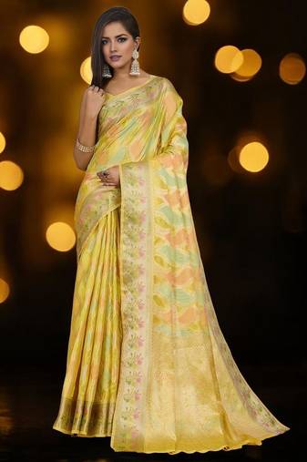 yellow woven design zari organza banarasi saree