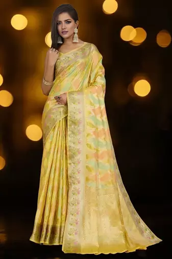 yellow woven design zari organza banarasi saree