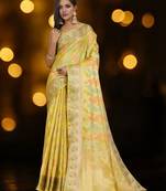 yellow woven design zari organza banarasi saree