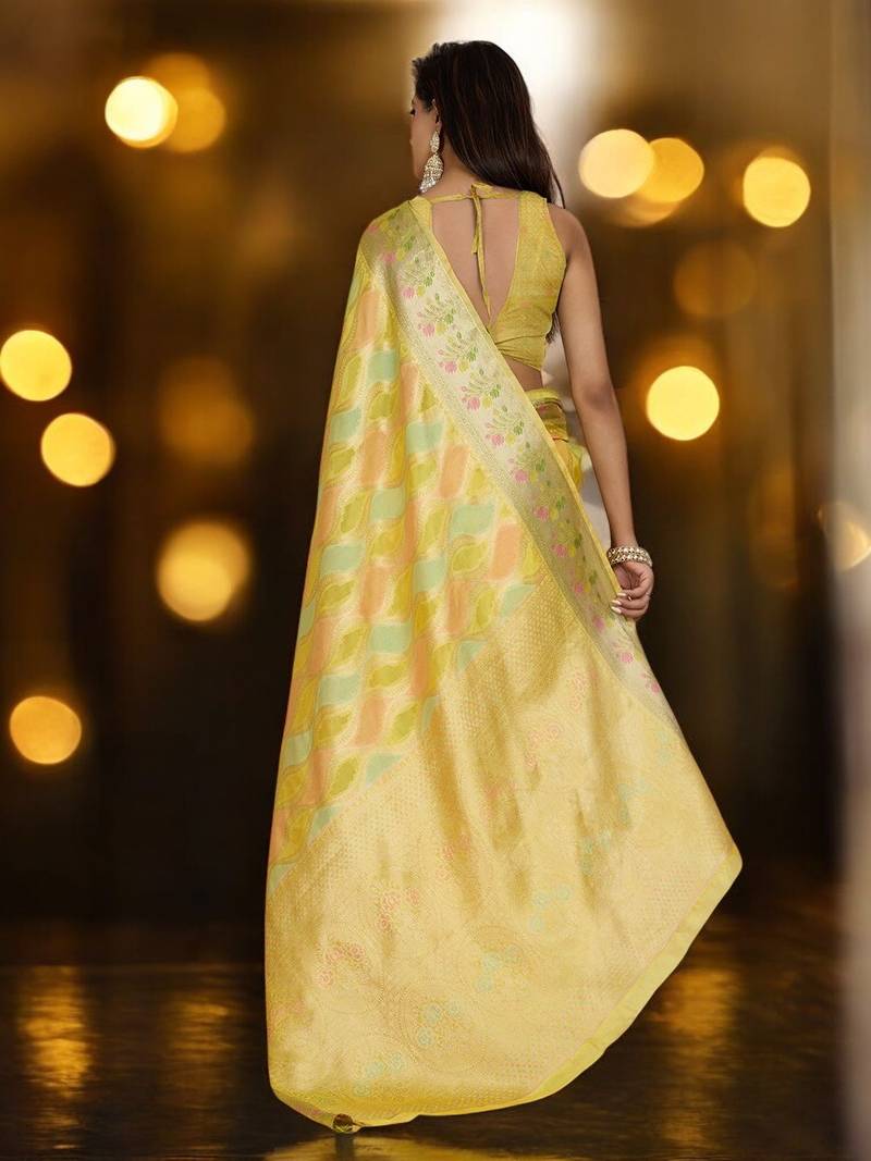 yellow woven design zari organza banarasi saree