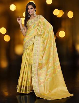 yellow woven design zari organza banarasi saree 3