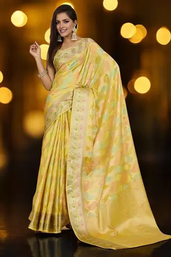 yellow woven design zari organza banarasi saree