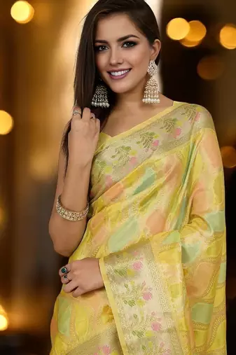 yellow woven design zari organza banarasi saree