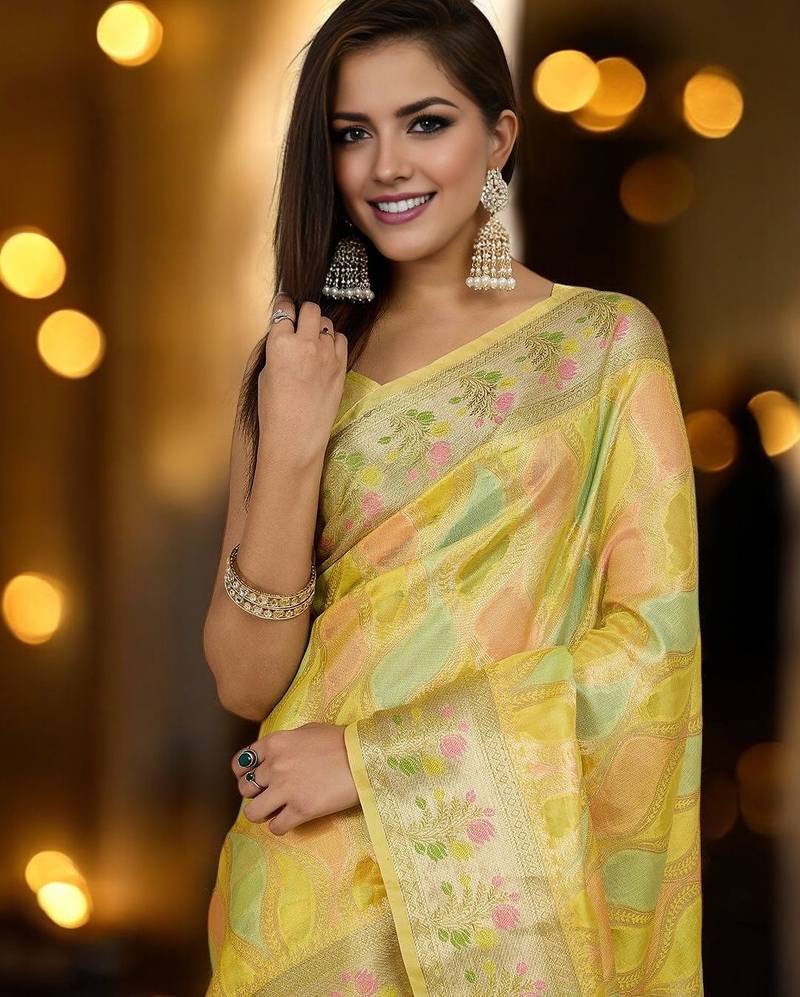 yellow woven design zari organza banarasi saree