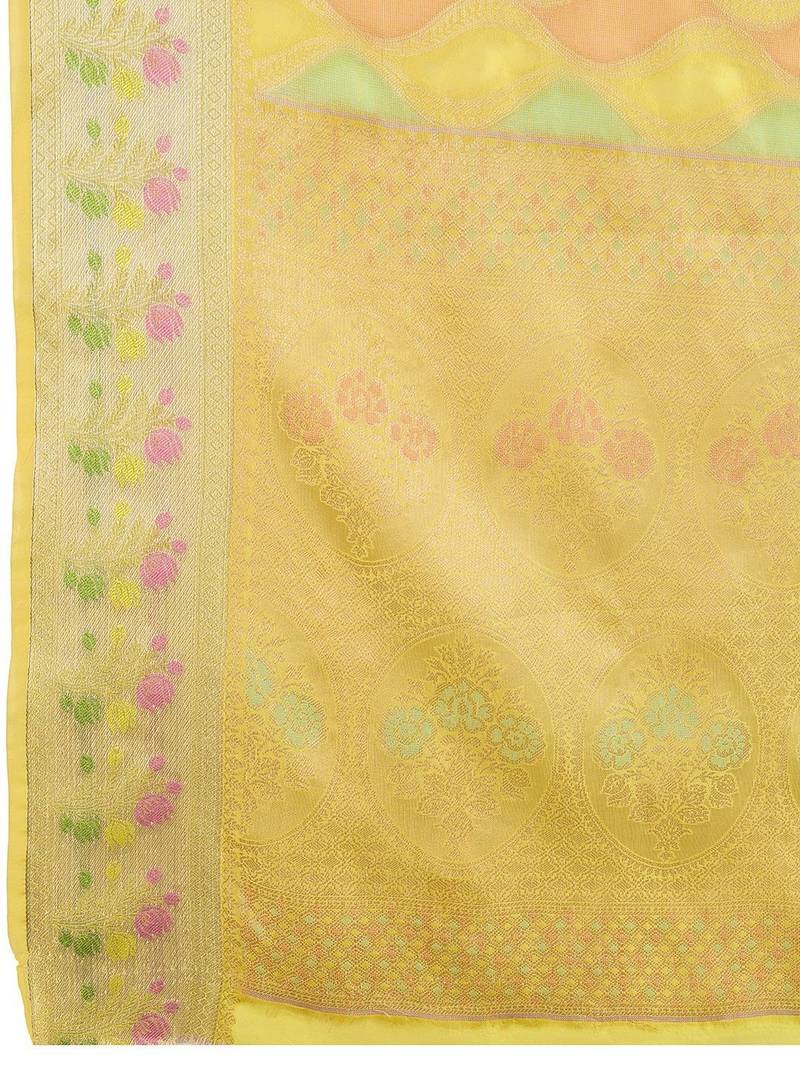 yellow woven design zari organza banarasi saree
