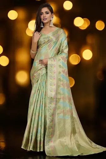 green woven design zari organza banarasi saree