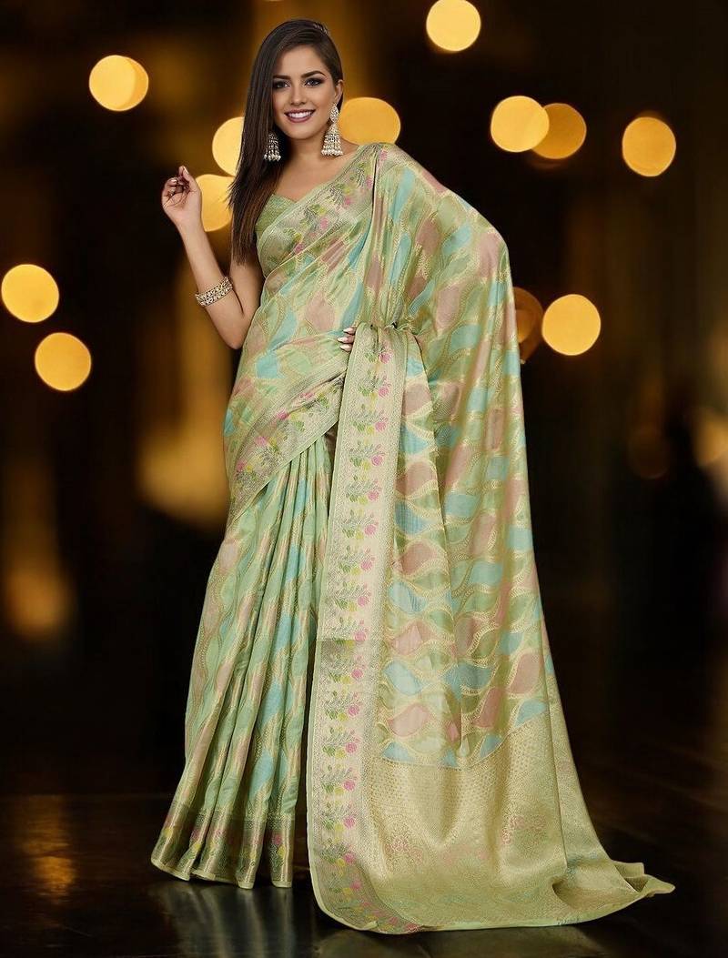 green woven design zari organza banarasi saree