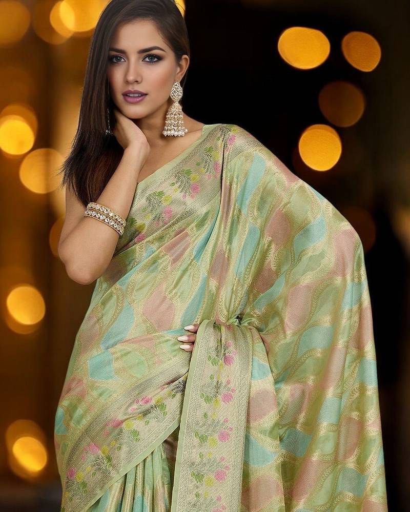 green woven design zari organza banarasi saree