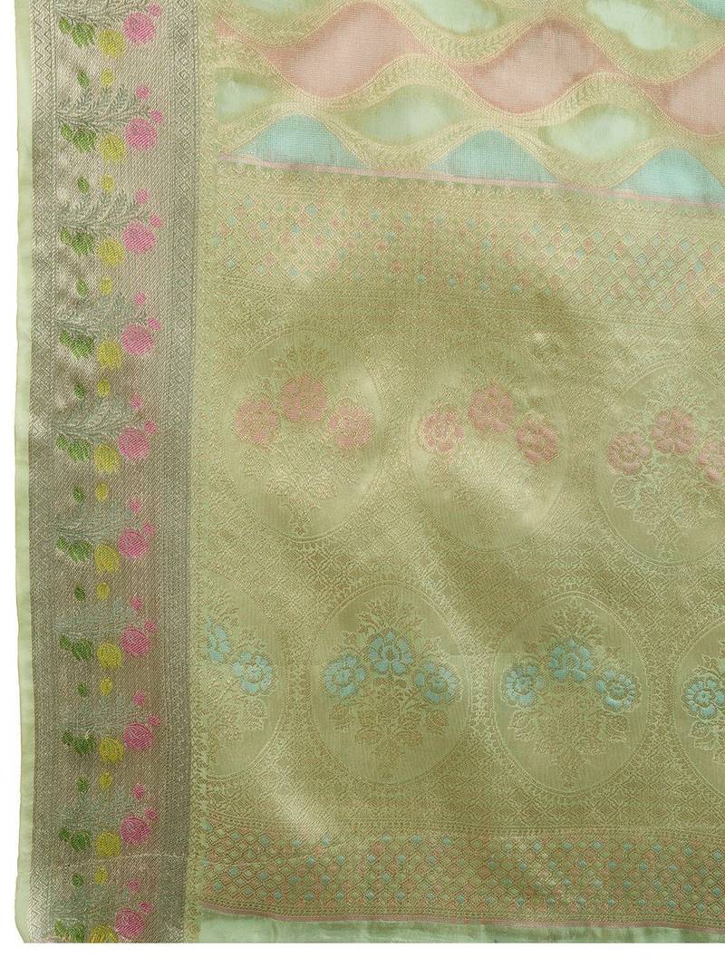 green woven design zari organza banarasi saree