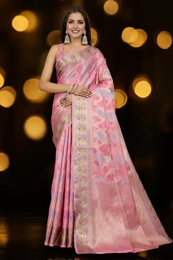 pink ethnic motifs woven design zari organza banarasi saree