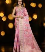 pink ethnic motifs woven design zari organza banarasi saree