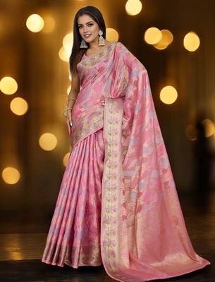 pink ethnic motifs woven design zari organza banarasi saree 2