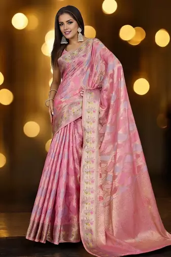 pink ethnic motifs woven design zari organza banarasi saree