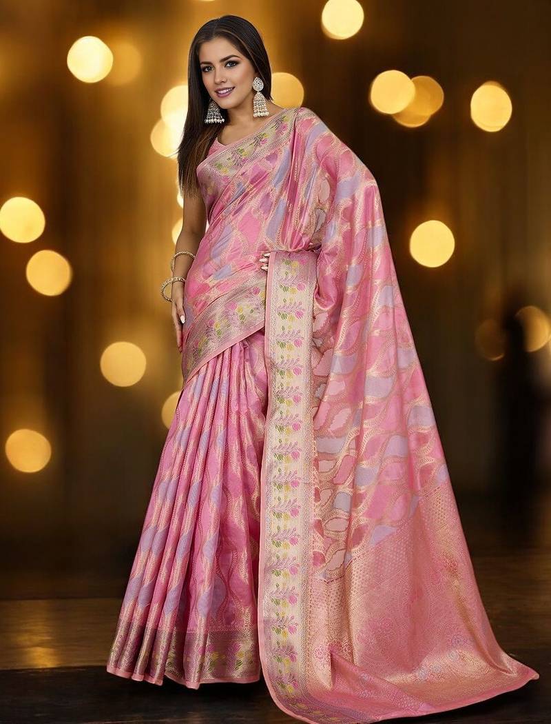 pink ethnic motifs woven design zari organza banarasi saree