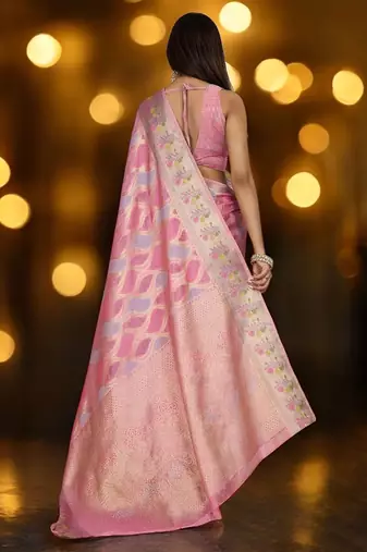 pink ethnic motifs woven design zari organza banarasi saree