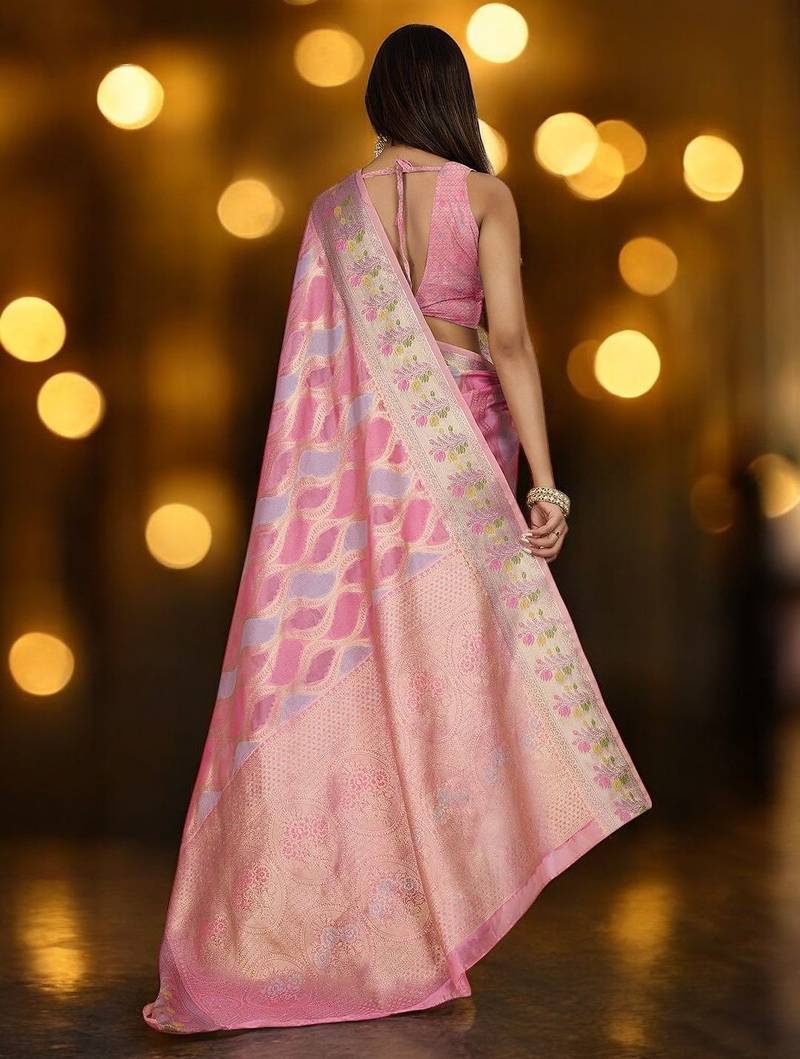 pink ethnic motifs woven design zari organza banarasi saree