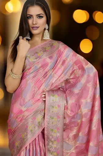 pink ethnic motifs woven design zari organza banarasi saree