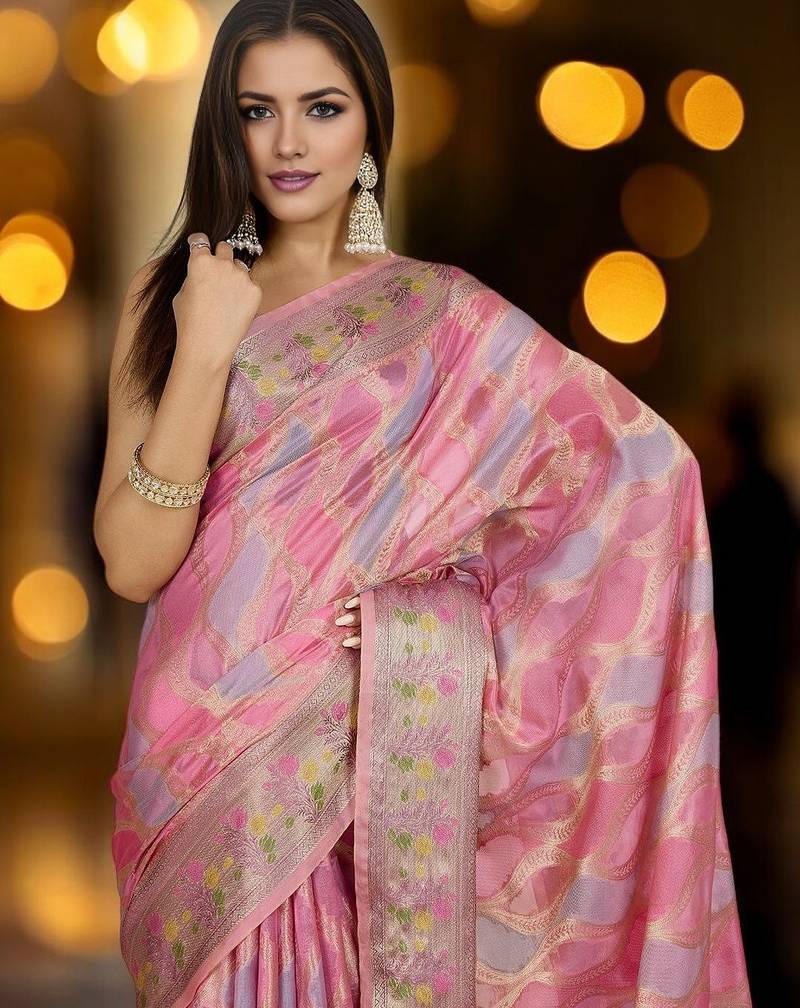 pink ethnic motifs woven design zari organza banarasi saree