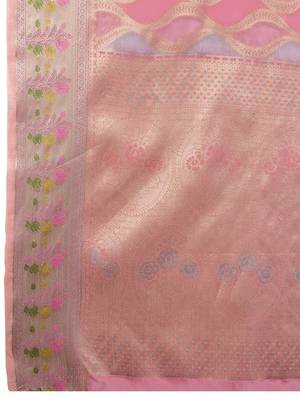 pink ethnic motifs woven design zari organza banarasi saree 5