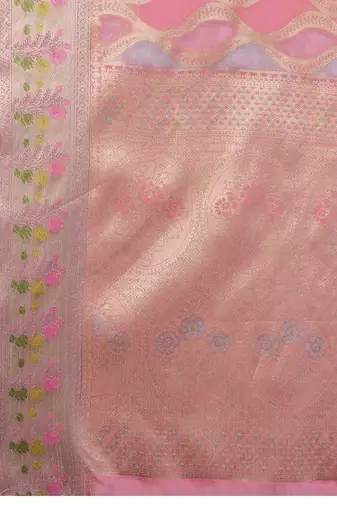 pink ethnic motifs woven design zari organza banarasi saree