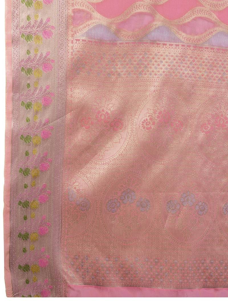 pink ethnic motifs woven design zari organza banarasi saree