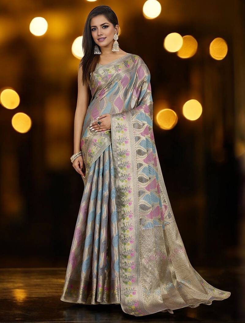 blue woven design zari organza banarasi saree