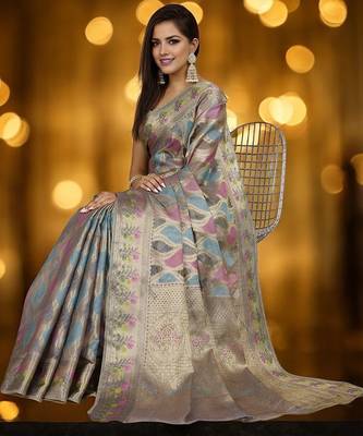 blue woven design zari organza banarasi saree 3