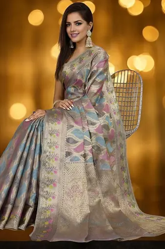 blue woven design zari organza banarasi saree