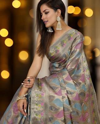 blue woven design zari organza banarasi saree 4