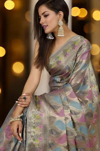 blue woven design zari organza banarasi saree