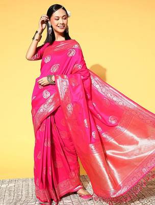 pink pink & gold-toned woven design zari silk blend banarasi saree 1