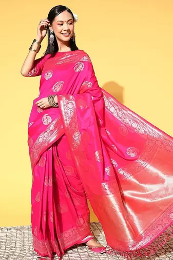 pink pink & gold-toned woven design zari silk blend banarasi saree