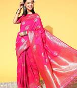 pink pink & gold-toned woven design zari silk blend banarasi saree
