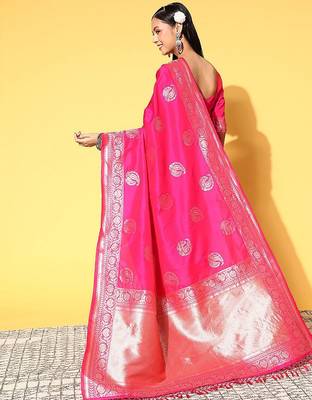pink pink & gold-toned woven design zari silk blend banarasi saree 2
