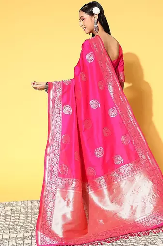 pink pink & gold-toned woven design zari silk blend banarasi saree