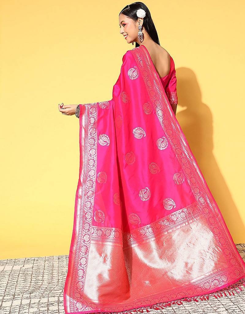 pink pink & gold-toned woven design zari silk blend banarasi saree
