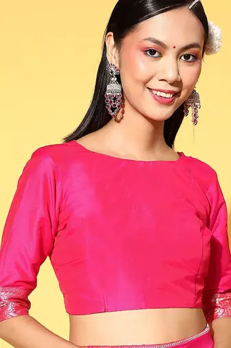 pink pink & gold-toned woven design zari silk blend banarasi saree