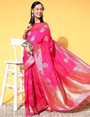 pink pink & gold-toned woven design zari silk blend banarasi saree 4