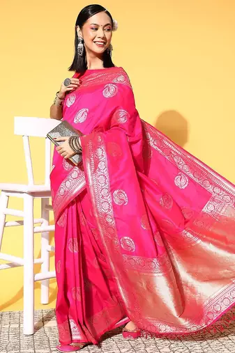 pink pink & gold-toned woven design zari silk blend banarasi saree