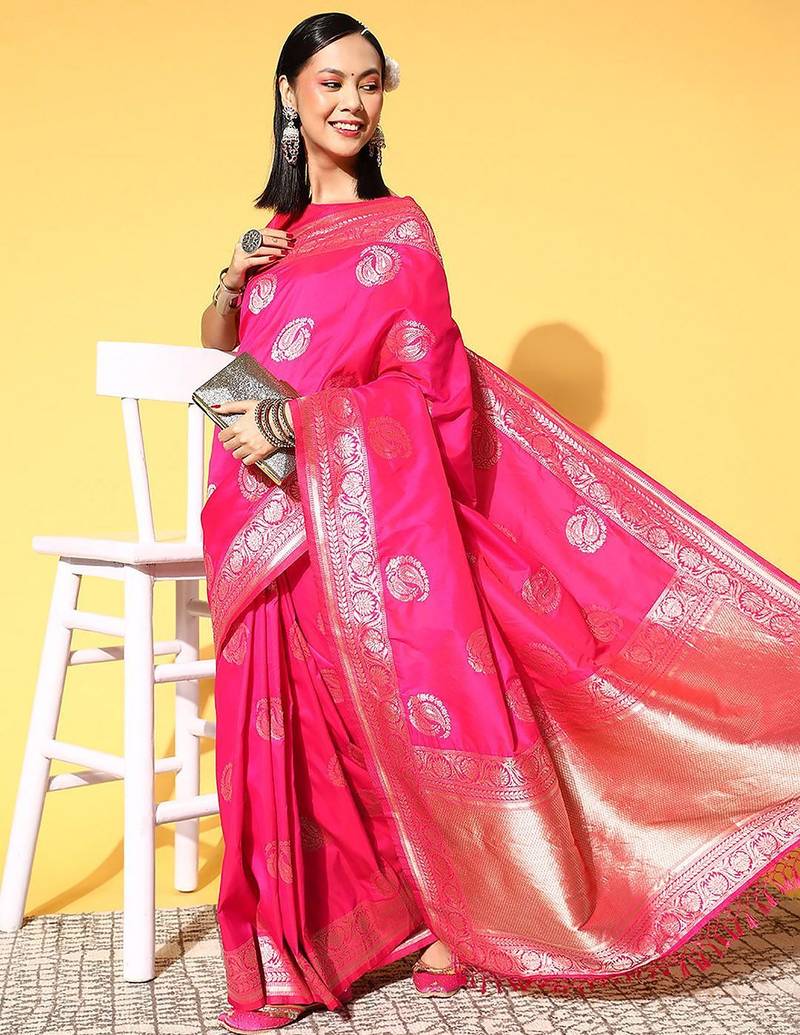 pink pink & gold-toned woven design zari silk blend banarasi saree