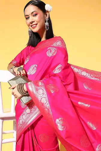 pink pink & gold-toned woven design zari silk blend banarasi saree