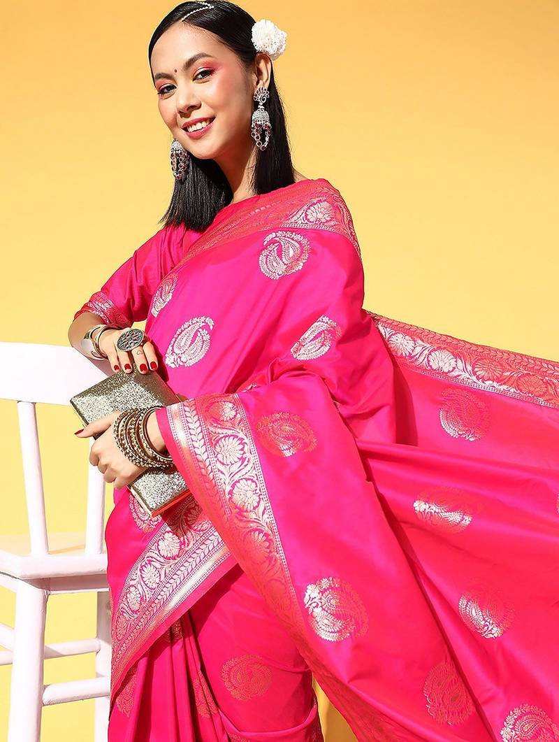 pink pink & gold-toned woven design zari silk blend banarasi saree