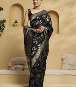 black ethnic motifs woven design zari pure silk banarasi saree with matching blouse