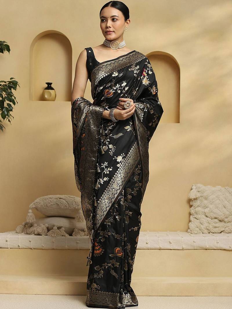 black ethnic motifs woven design zari pure silk banarasi saree with matching blouse