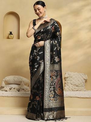 black ethnic motifs woven design zari pure silk banarasi saree with matching blouse 2